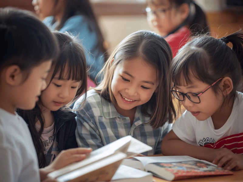 Four children read together at classroom table, sharing books and smiling in collaborative learning activity